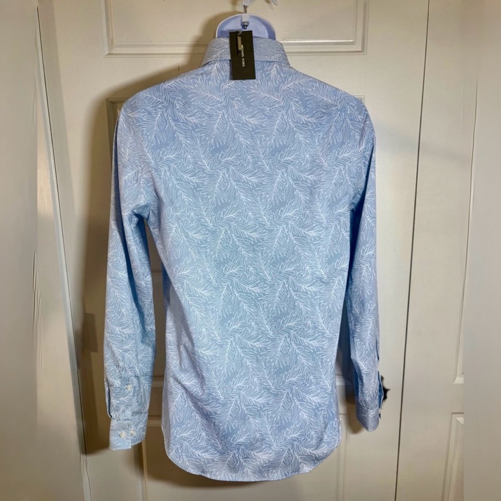 NWT MICHAEL KORS Slim Fit Non-Iron Dress Shirt Airsoft Leaf Print 14.5 32/33💛 - Picture 3 of 13